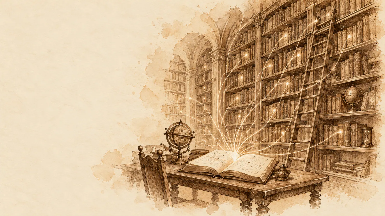 Библиотека до потолка, лестница, одна раскрытая книга на столе внизу, из неё тонкие линии-нити тянутся к корешкам на полках.