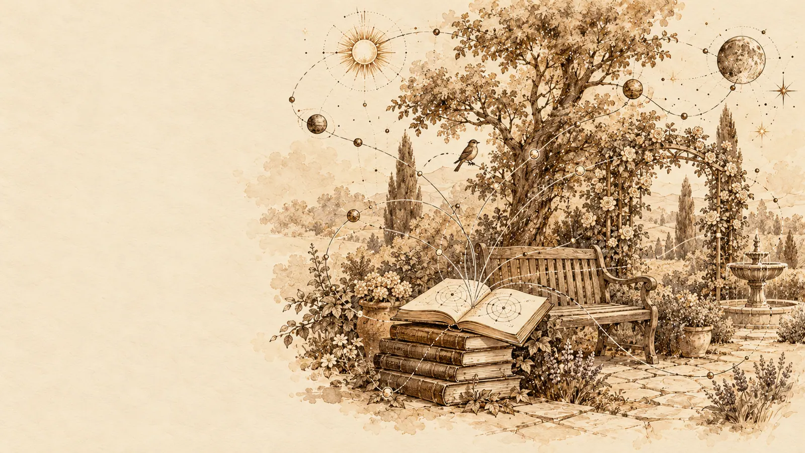 Сад, скамья, стопка книг.